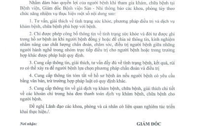 Thông báo số 196/TB-BVSN v/v Đảm bảo quyền lợi của người bệnh khi tham gia khám, chữa bệnh tại Bệnh viện Sản - Nhi tỉnh